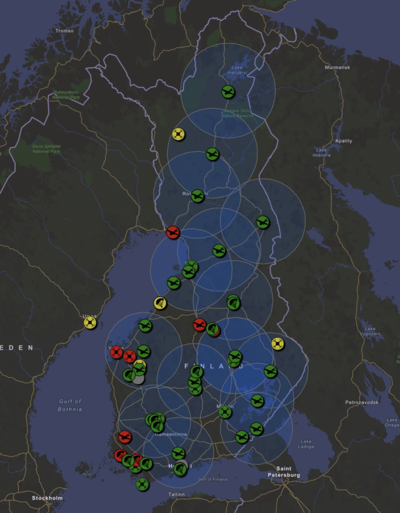 Suomen kartta, jossa näkyy hälytysryhmien sijainnit.