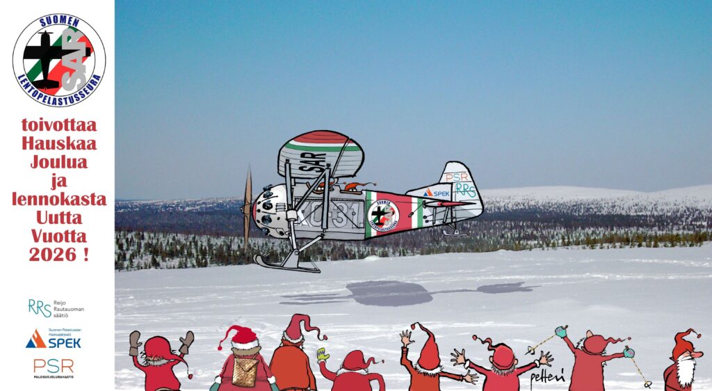 Joulupukki lentää pienlentokoneella ja tontut maassa hurraa.